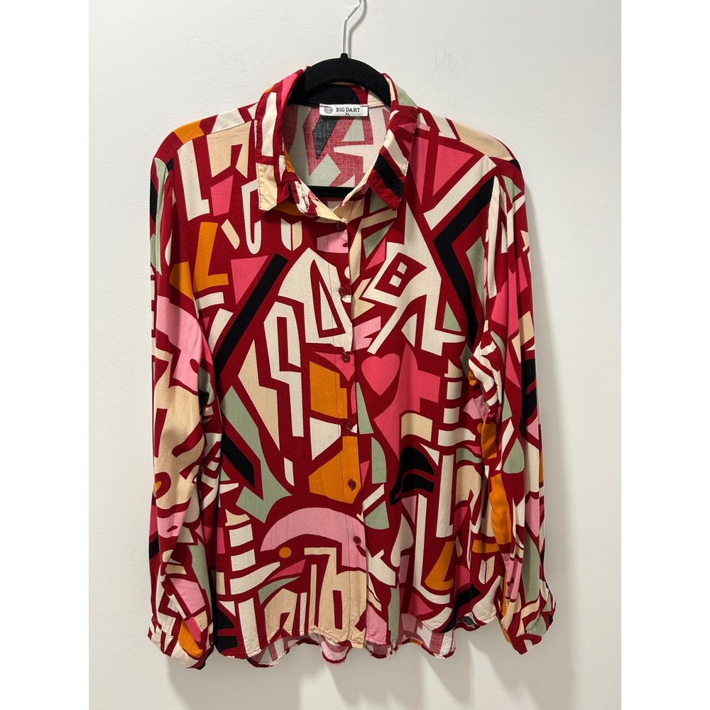 Big Dart Womens XL Geometric Abstract Heart Print Button Down Viscose Shirt Red